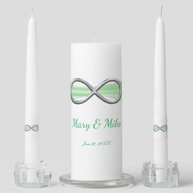 Green Ribbon Silver Infinity Wedding Unity Candle Set (Front)