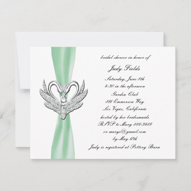 Green Ribbon Silver Swans Bridal Shower Invitation (Front)