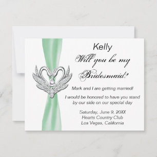 Green Ribbon Silver Swans Bridesmaid Card