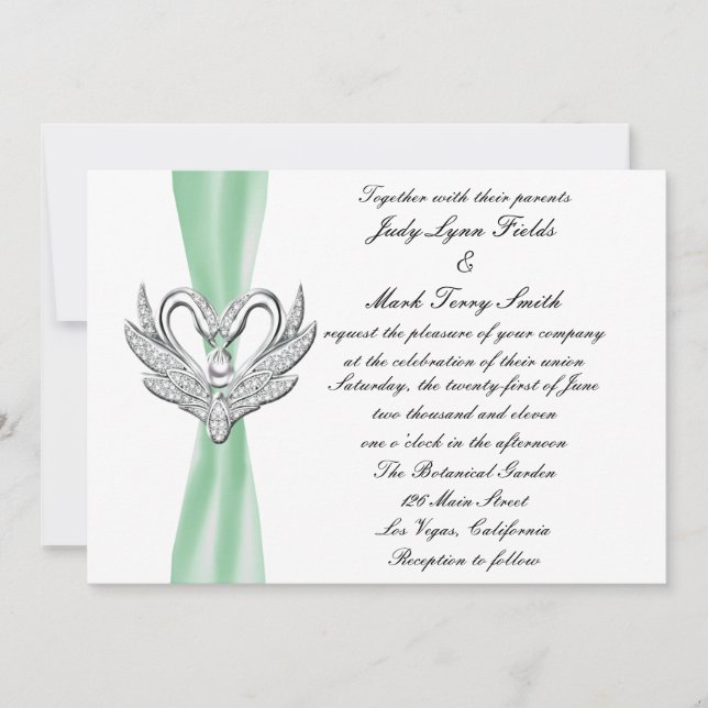 Green Ribbon Silver Swans Invitation (Front)