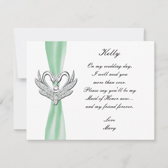 Green Ribbon Silver Swans Maid Of Honor Card (Front)