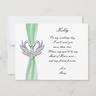Green Ribbon Silver Swans Maid Of Honor Card