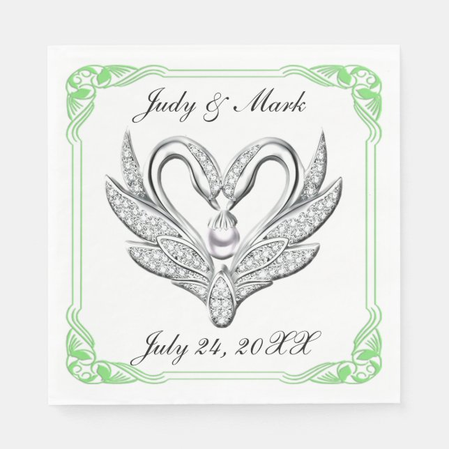 Green Ribbon Silver Swans Paper Napkins (Front)