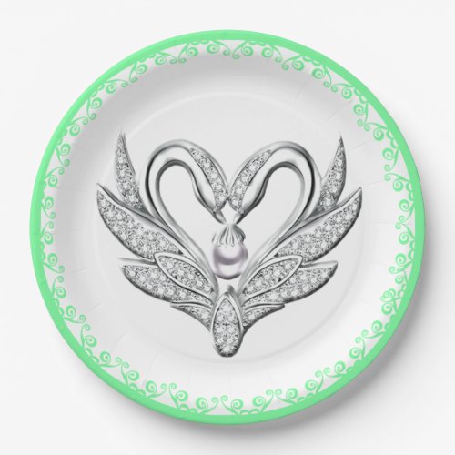 Green Ribbon Silver Swans Paper Plate