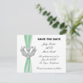 Green Ribbon Silver Swans Save The Date Card (Standing Front)