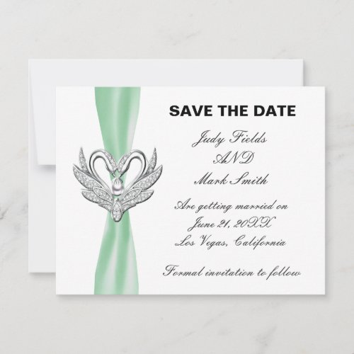 Green Ribbon Silver Swans Save The Date Card