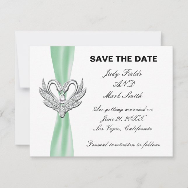 Green Ribbon Silver Swans Save The Date Card (Front)
