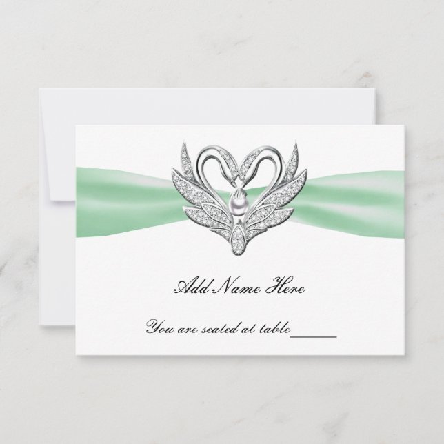 Green Ribbon Silver Swans Table Place Card (Front)