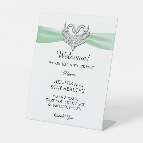 Green Ribbon Silver Swans Wedding Safety  Pedestal Sign