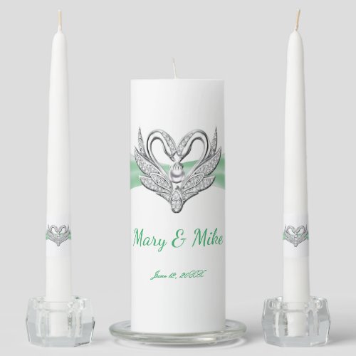 Green Ribbon Silver Swans Wedding Unity Candle Set