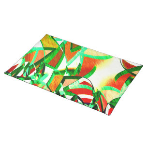 Green ribbons, drizzles on orange coral background cloth placemat