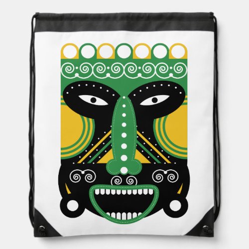 Green Ritual Tribal Mask Drawstring Bag