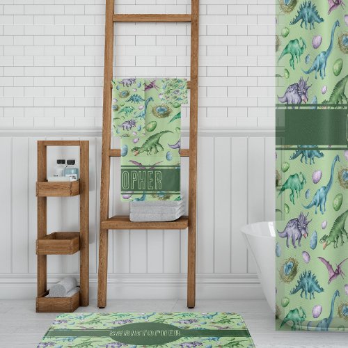 Green Roaring Jurassic Dinosaur with Name Bath Towel Set