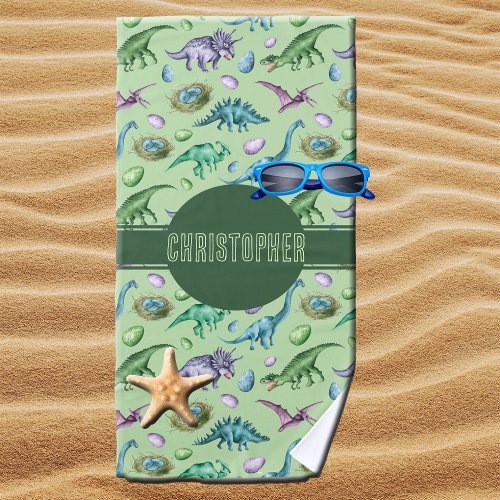 Green Roaring Jurassic Dinosaur with Name Beach Towel