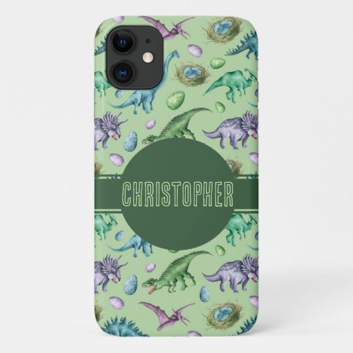 Green Roaring Jurassic Dinosaur with Name iPhone 11 Case