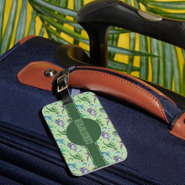 Green Roaring Jurassic Dinosaur with Name Luggage Tag (Front Insitu 1)