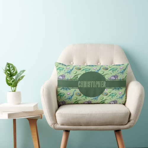 Green Roaring Jurassic Dinosaur with Name Lumbar Pillow