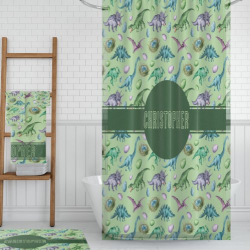 Green Roaring Jurassic Dinosaur with Name Shower Curtain