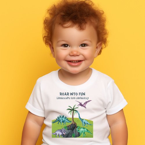 Green Roaring Jurassic Dinosaurs Baby T_Shirt