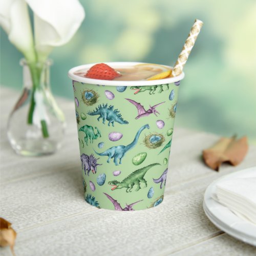 Green Roaring Jurassic Dinosaurs with Eggs Paper Cups