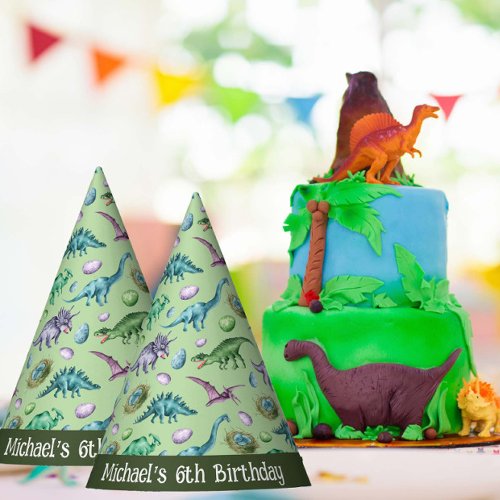 Green Roaring Jurassic Dinosaurs with Eggs Party Hat