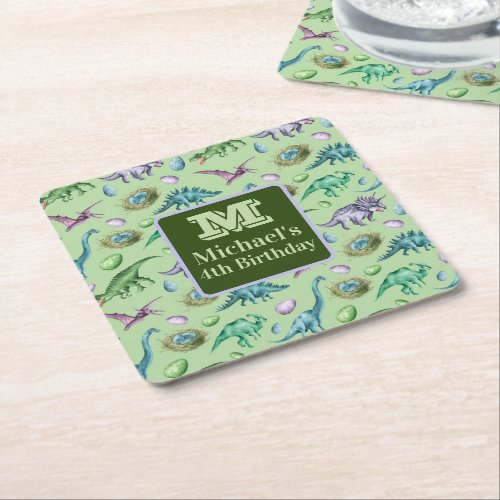 Green Roaring Jurassic Dinosaurs with Eggs Square Paper Coaster