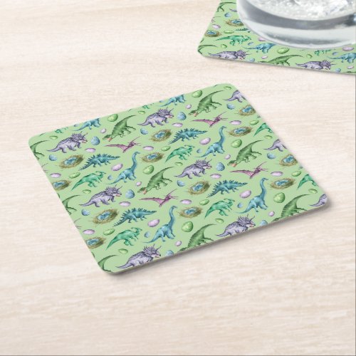 Green Roaring Jurassic Dinosaurs with Eggs Square Paper Coaster