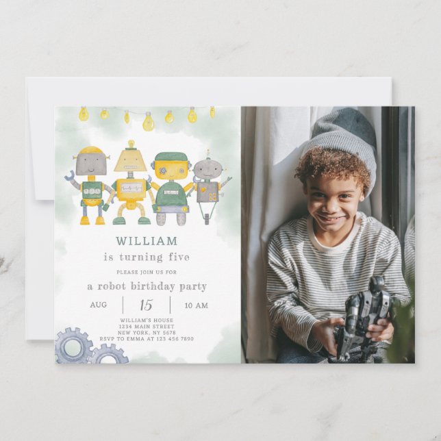 Green Robot Birthday Invitation With Photo (Front)