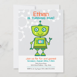 Green Robot Boy Birthday Party Invitation