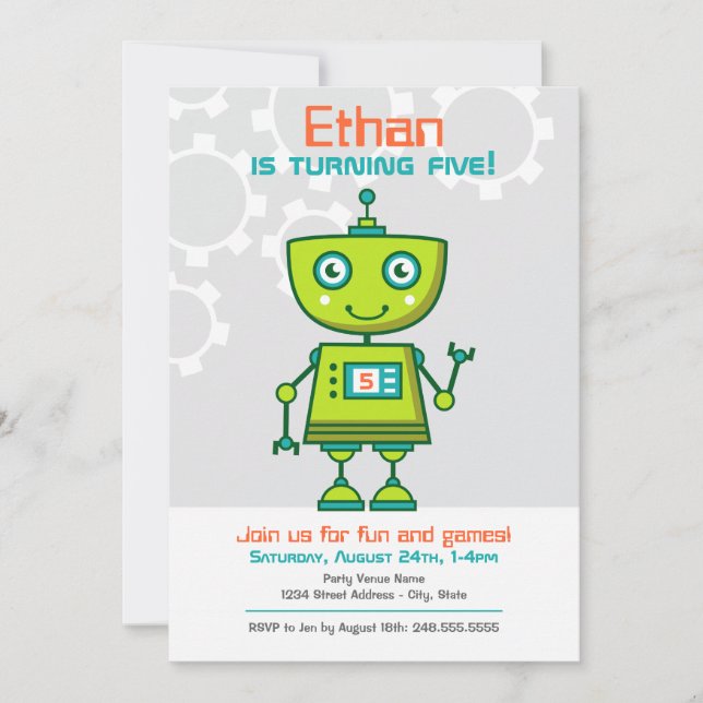 Green Robot Boy Birthday Party Invitation (Front)