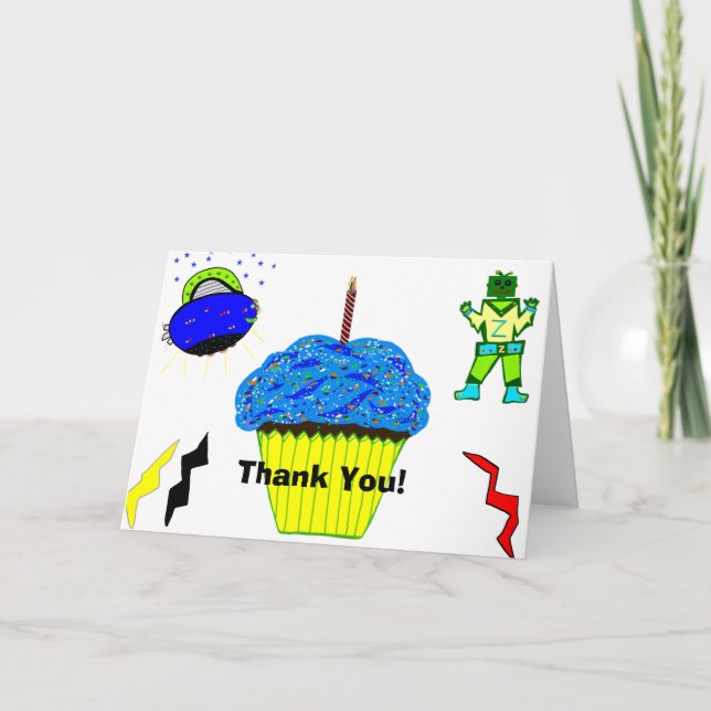 Green Robot Boy Blue Cupcake Birthday Card (Front)