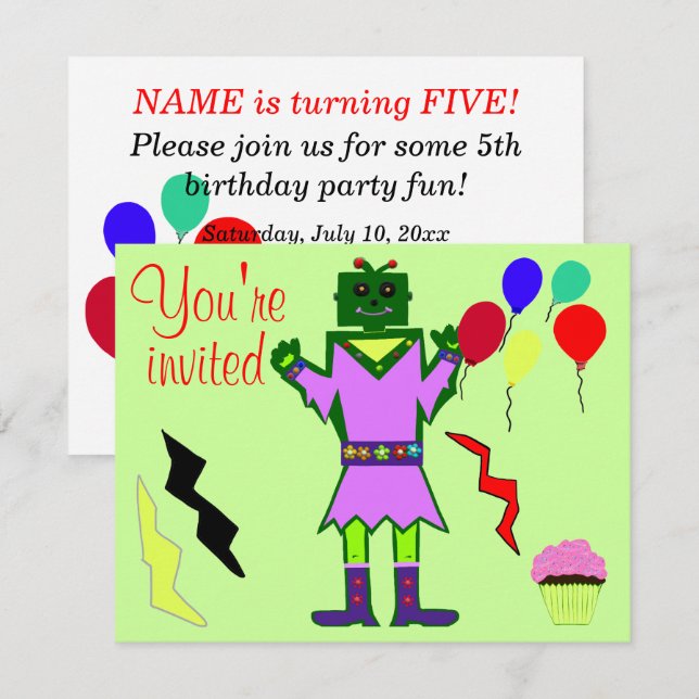 Green Robot Girl and Balloons Cupcakes Birthday Invitation (Front/Back)