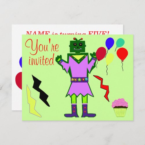 Green Robot Girl and Balloons Cupcakes Birthday Invitation