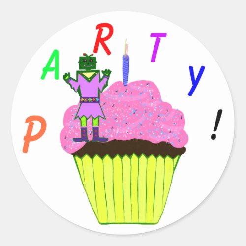 Green Robot Girl and Pink Cupcake Birthday Party Classic Round Sticker