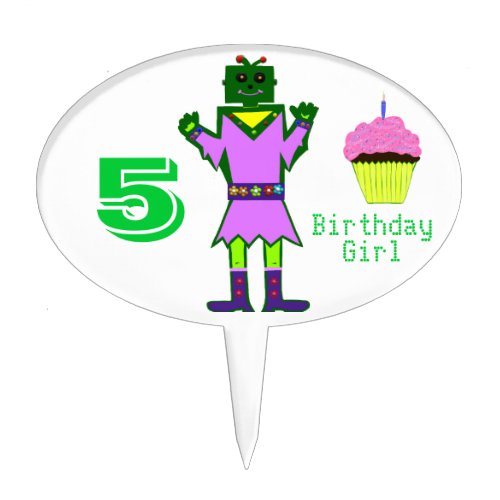 Green Robot Girl Pink Cupcake 5th Birthday Cake Topper