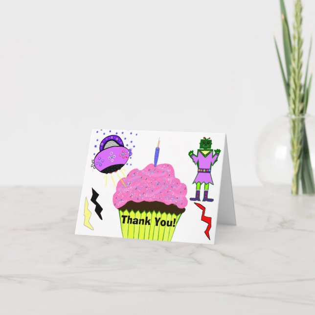 Green Robot Girl Pink Spaceship Cupcake Thank You (Front)