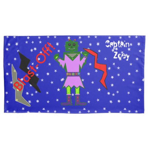 Green Robot Girl Spaceships Kids King Pillow Case