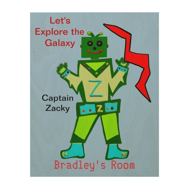 Green Robot Name Wood Wall Art (Front)