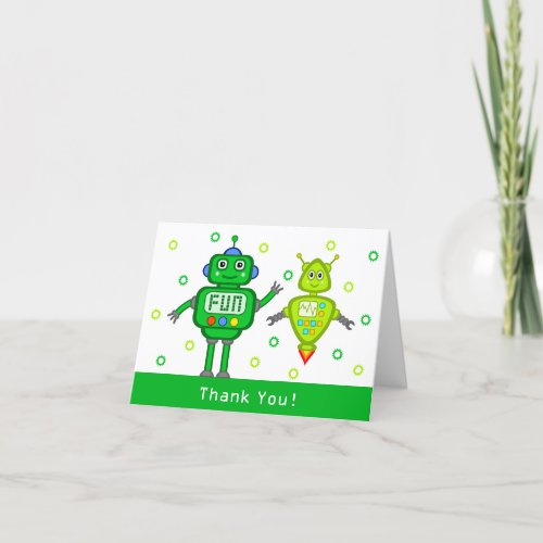 Green Robots Birthday Party Thank You Card