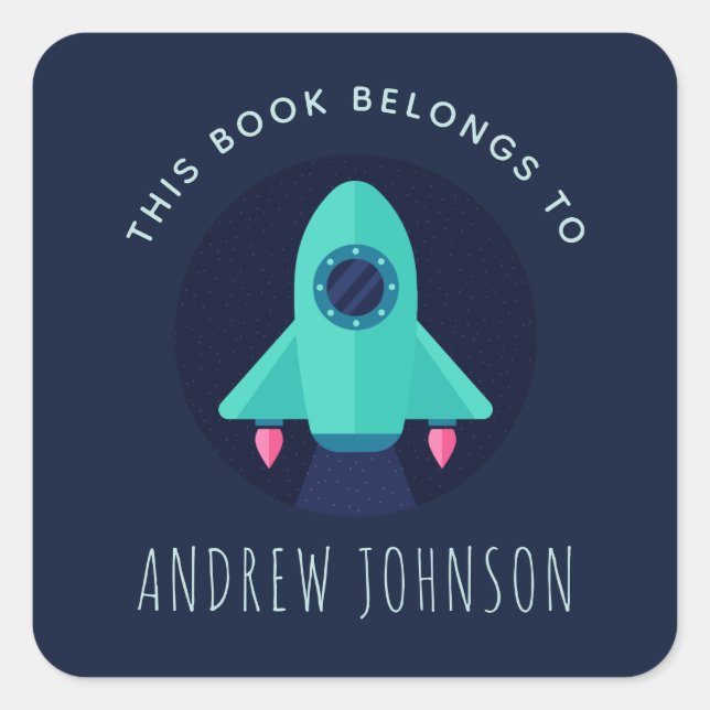 Green Rocket Spaceship Space Theme Boys Bookplate (Front)