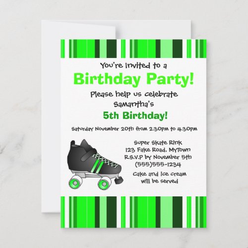 Green Roller Skate Birthday Party _ Green Stripe Invitation