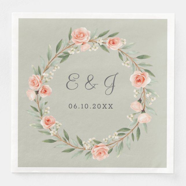 Green, romantic rose wreath  paper dinner napkins (Front)