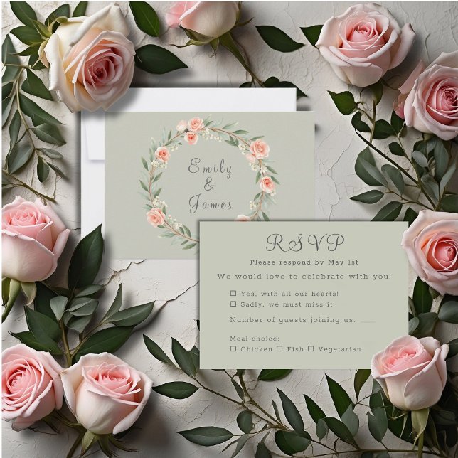 Green, romantic rose wreath RSVP card (Creator Uploaded)