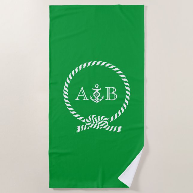 Green Rope and Anchor Monogrammed Beach Towel (Front)