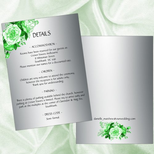 Green Rose Bouquet Boho Silver Wedding Details Enclosure Card