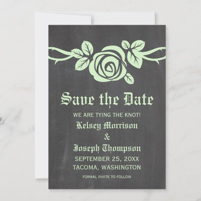 Green Rose Chalkboard Save the Date Invite (Front)