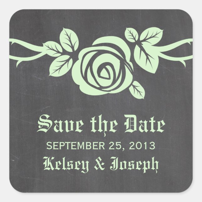 Green Rose Chalkboard Save the Date Stickers (Front)