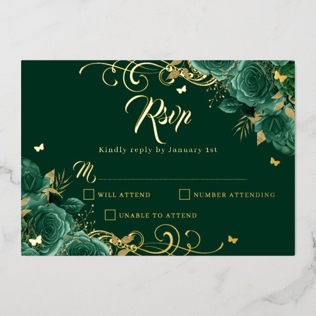 Green Rose Floral Gold Swirl Gold Quinceanera  Foil Invitation (Front)