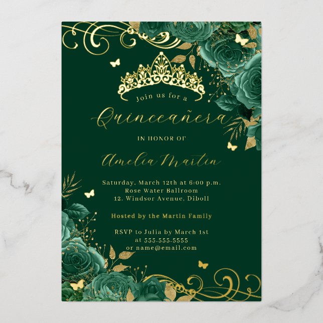 Green Rose Floral Gold Swirl Quinceanera   Foil Invitation (Front)
