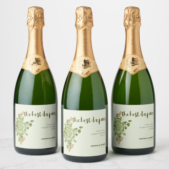 Green Rose Floral Wedding Theme Sparkling Wine Label (Bottles)